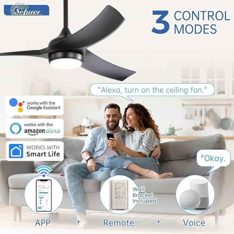 Sofucor 52 Inch Ceiling Fan with Light Remote Control,Airflow 6000CFM 3-Timer with ABS 3 Blades Reversible DC Motor