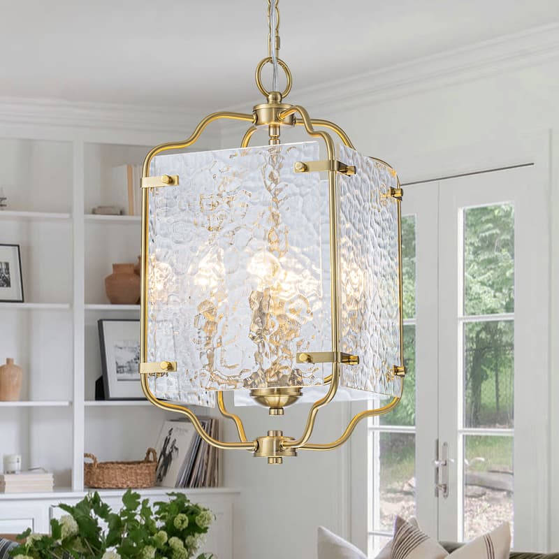 Modern 4-Light Metal Frame Pendant Light with Hammered Glass Panels - Dia.10-in - Dia.10-in
