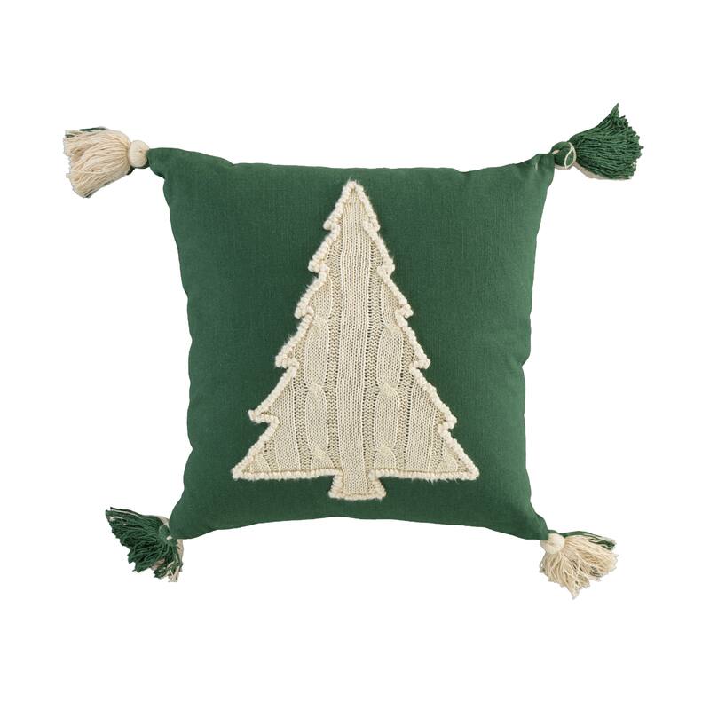 18" Green And Ivory Cotton Christmas Tree Throw Pillow with Tassels
