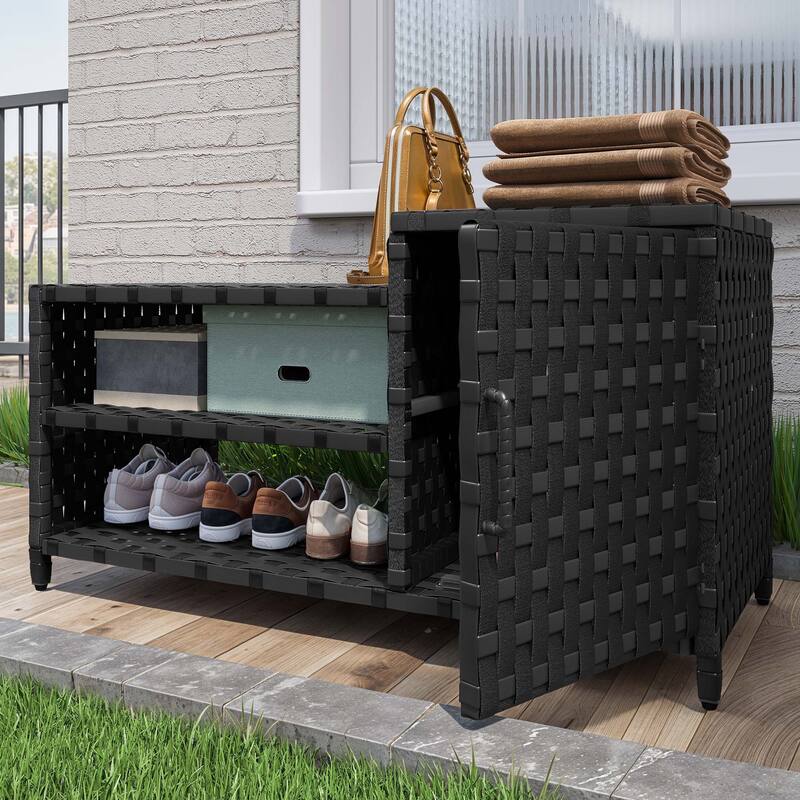 Rattan Wicker Outdoor Patio Pool Storage Bin Cabinet w/ Shoe Rack