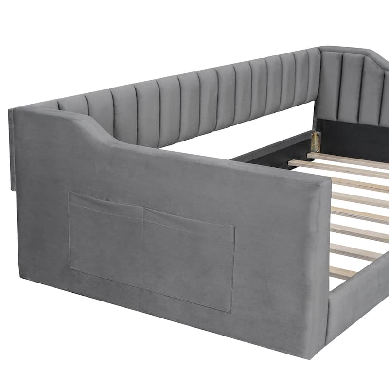 Twin XL Velvet Upholstered Daybed with Side Storage Pocket, Sloped Arms, and No-Box Spring Support
