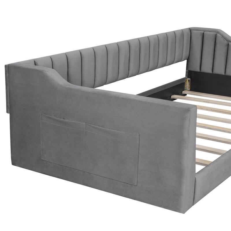 Upholstered Daybed with Sloped Arms and Side Pocket, Vertical Stripes Grounded Daybed with Wood Slat Support, Velvet Fabric
