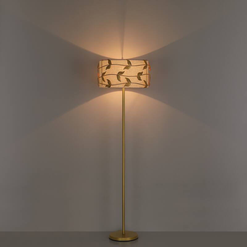 Acroma Black/Gold Leaf-Accent Fabric Shade Floor Lamp