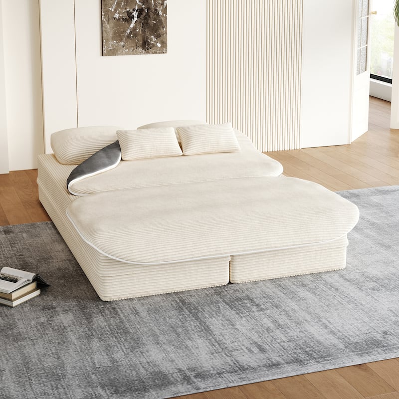 GDFStudio - Lysander Corduroy Foldable Sleeper Sofa Bed with Multi Functional Blanket