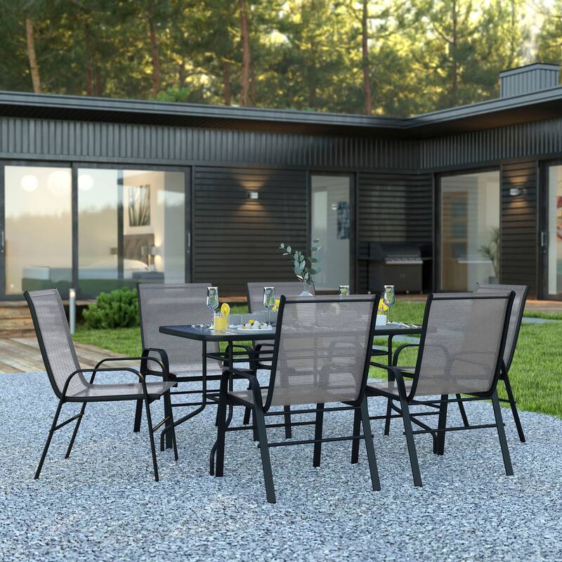7-Piece Rippled Glass Outdoor Patio Table and Stacking Chairs Set - Gray