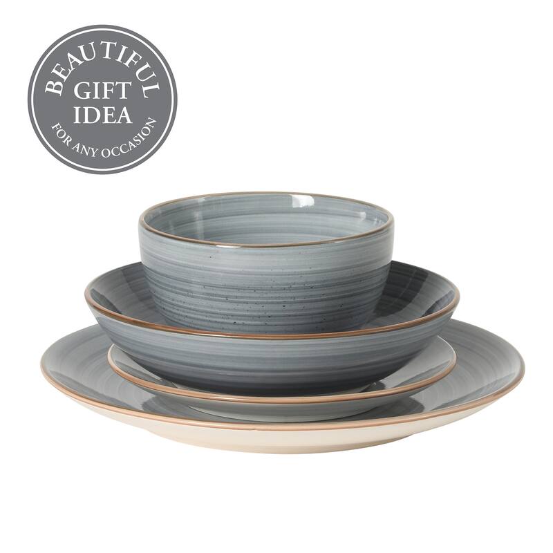Gibson Home Stonebury 16 Piece Plates and Bowls - Handpainted Stoneware Dinnerware Set - Service for 4