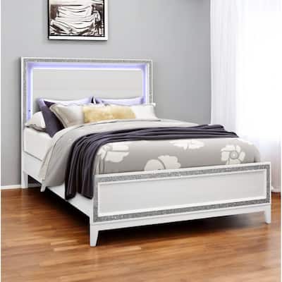 HomeRoots White Faux Crystal Bling Lighted Queen Bed Frame