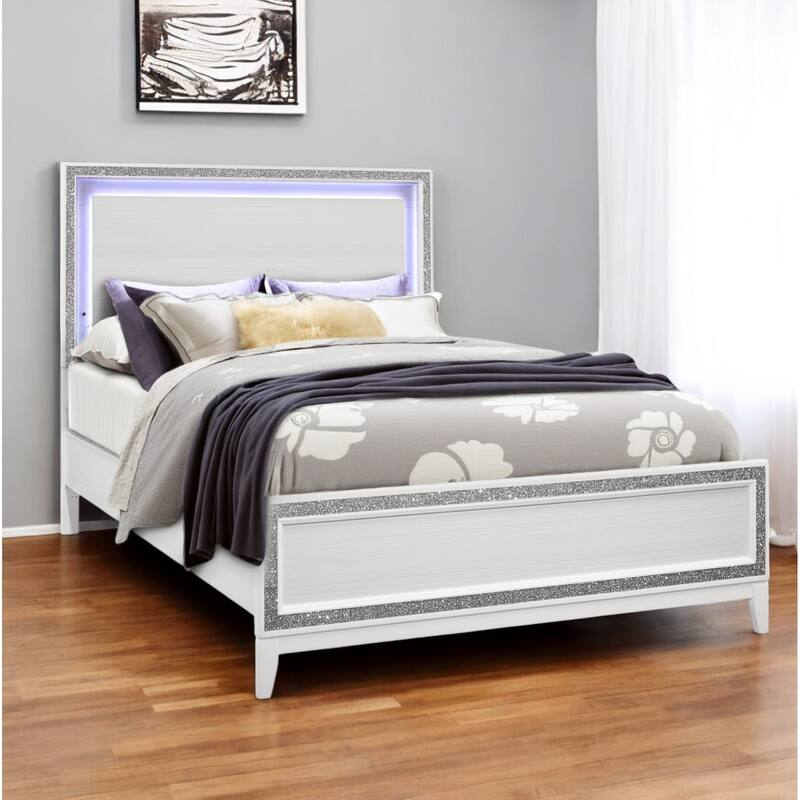 HomeRoots White Wood and Faux Crystal Bling Lighted King Bed Frame - King