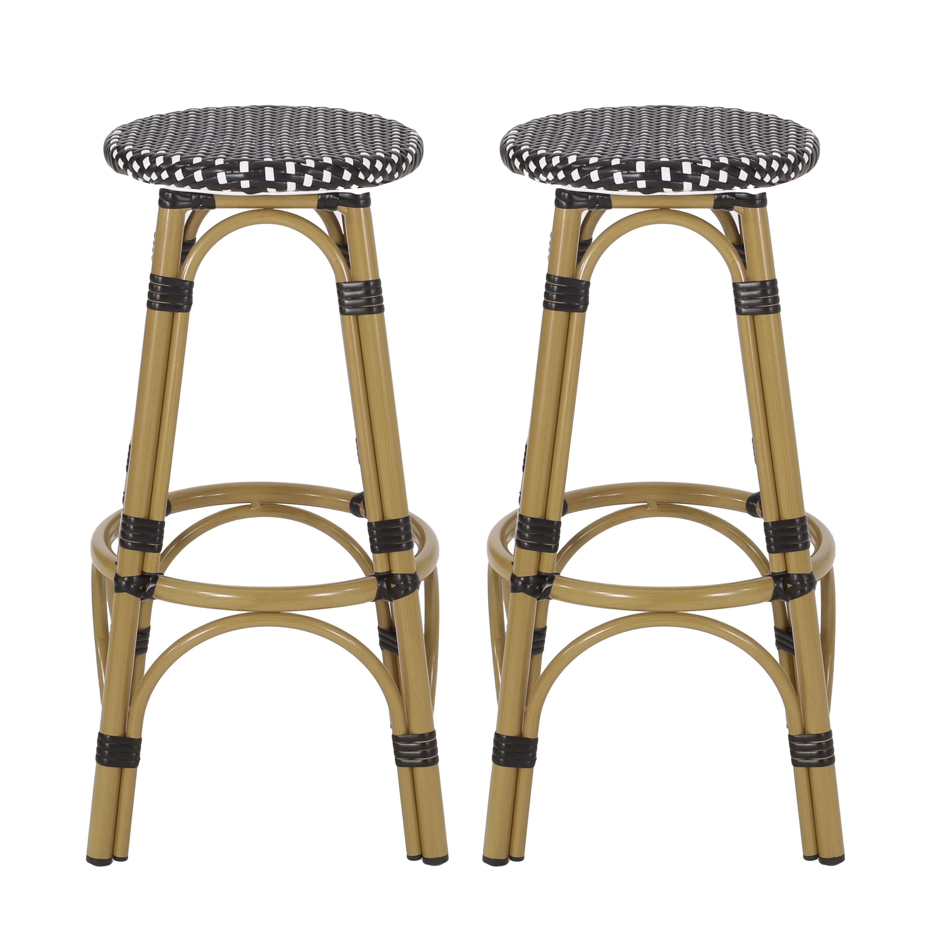 All Weather Bar Stools Set of 2, Indoor or Outdoor Wicker Barstool with Aluminum Frame and Footrest