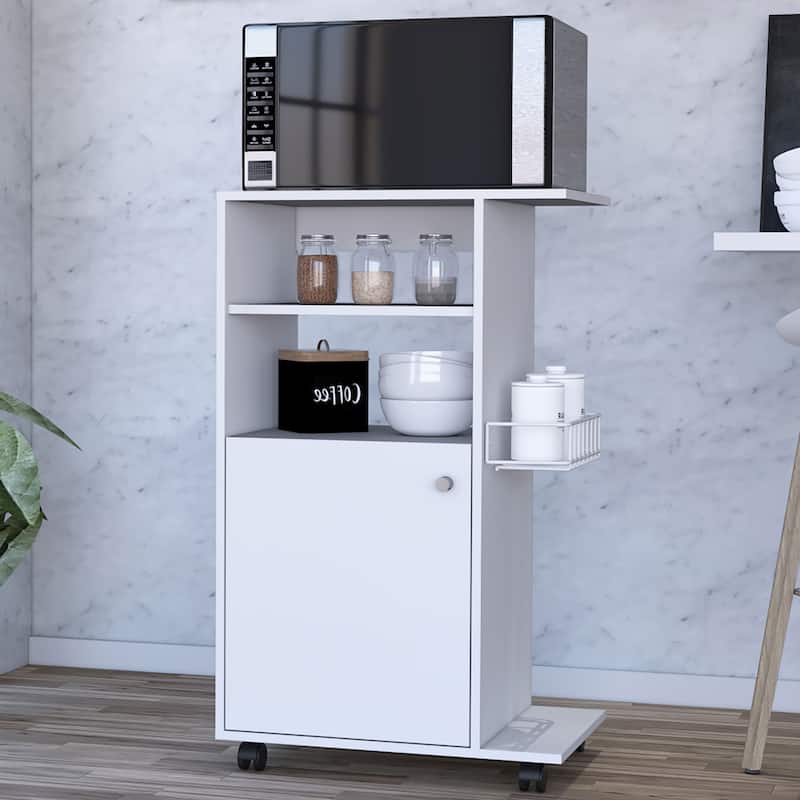 Versatile White Kitchen Cart with Caster Wheels, One-Door Cabinet, Microwave Stand, 27.96" Countertop - White