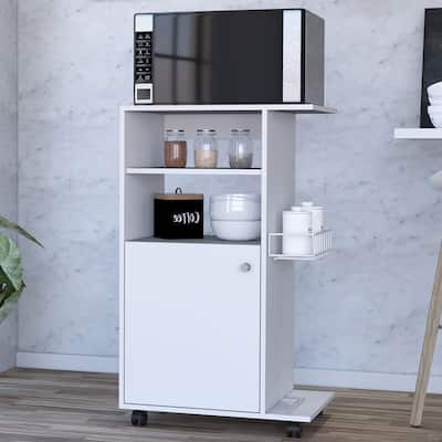 Versatile White Kitchen Cart with Caster Wheels, One-Door Cabinet, Microwave Stand, 27.96" Countertop