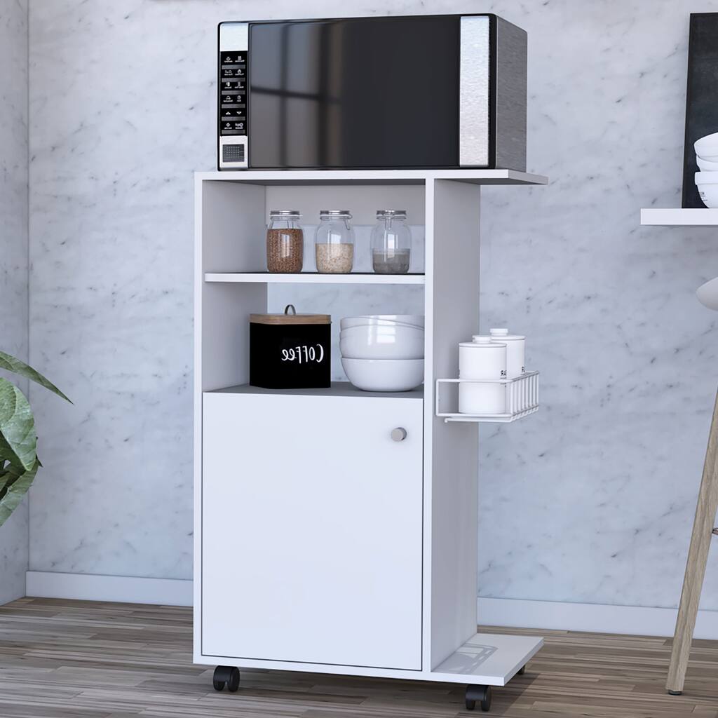 Versatile White Kitchen Cart with Caster Wheels, One-Door Cabinet, Microwave Stand, 27.96" Countertop