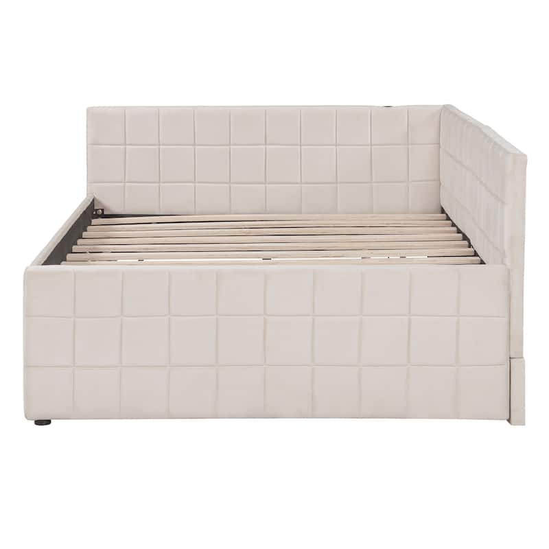 Full Size Daybed with Pull-Out Lift-Up Trundle, Upholstered Daybed Platform Bed with Stripes L-Shaped Backrest and Wood Slats