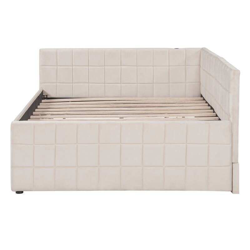 Full Size L-Shaped Daybed with Twin Trundle and USB Ports and Upholstered Storage Bed (650lbs Capacity)