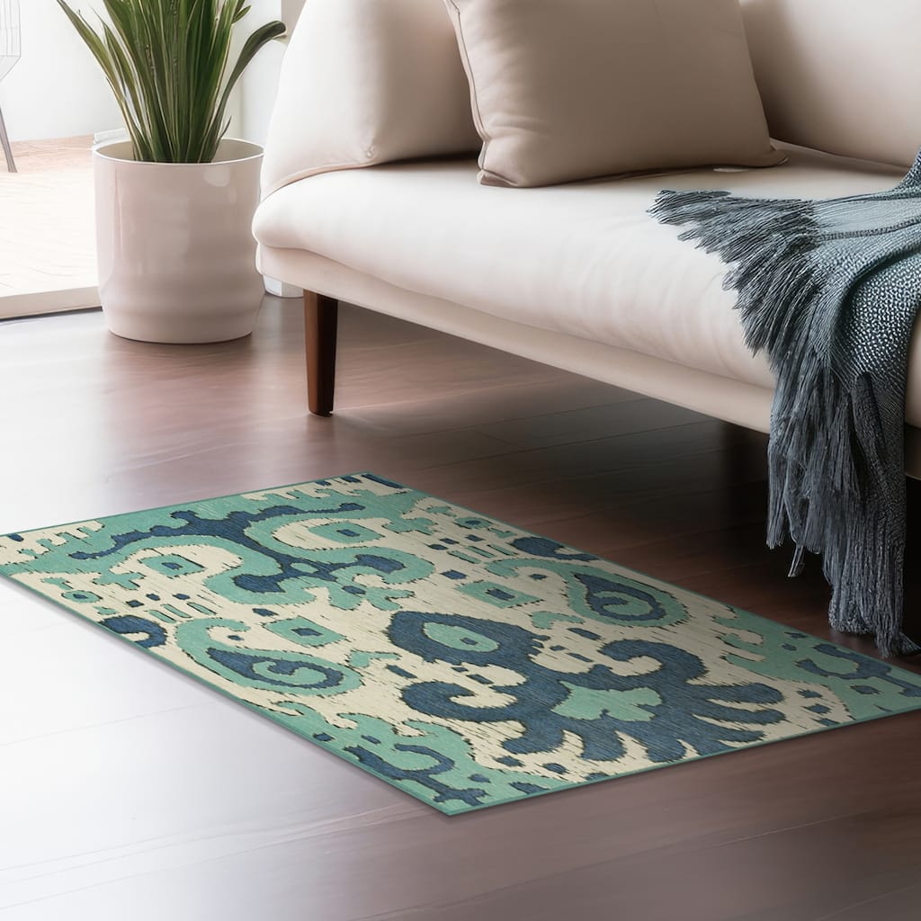 My Magic Carpet Machine Washable Rug Ochre Ikat Steel Blue