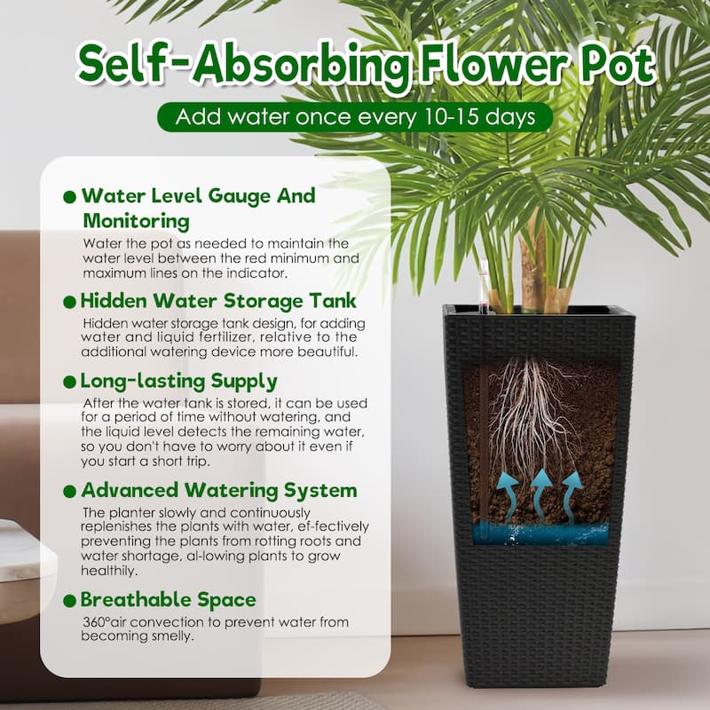 Square Planter for Indoor or Outdoor Use, 22-Inch High Faux Rattan Design Planter with Automatic Watering System (Pack of 2)