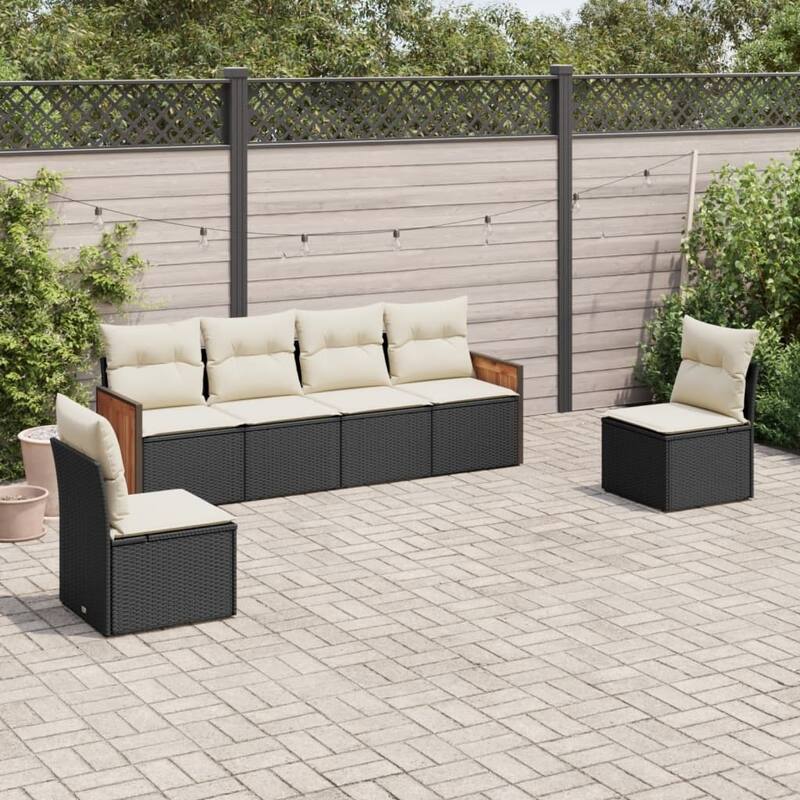 vidaXL Patio Sofa Set with Cushions Outdoor Conversation Furniture Poly Rattan - Black and Cream - 24.4 x 23.2 x 27.2