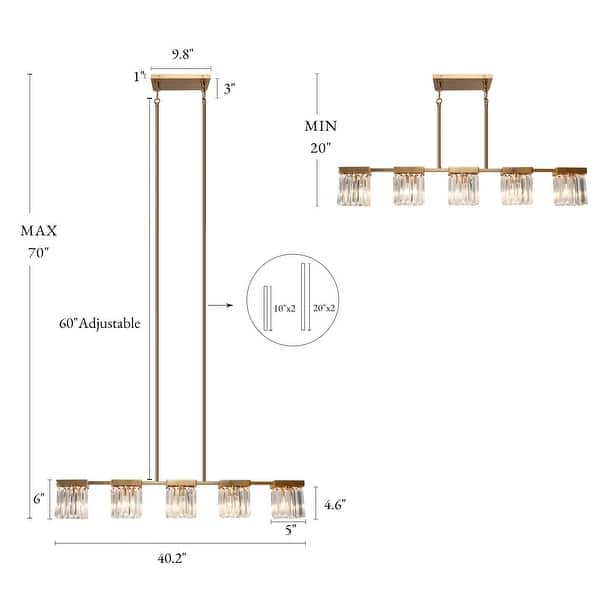 dimension image slide 1 of 3, Diore Modern 5-Light 40" W Crystal Linear Chandelier Glam Brass Kitchen Island Light - W 40.2" x D 5" x H 6"