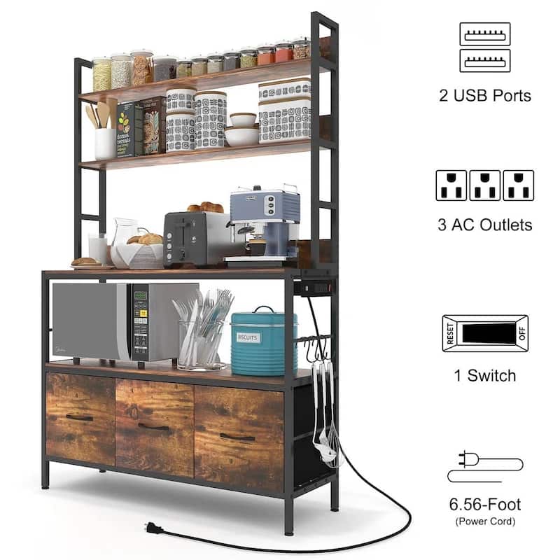 Kitchen Storage Rack with 4 Wooden Shelves Drawers and Baskets USB Ports and Microwave Shelf - 62.2'' H x 39.3'' W x 13.3'' D