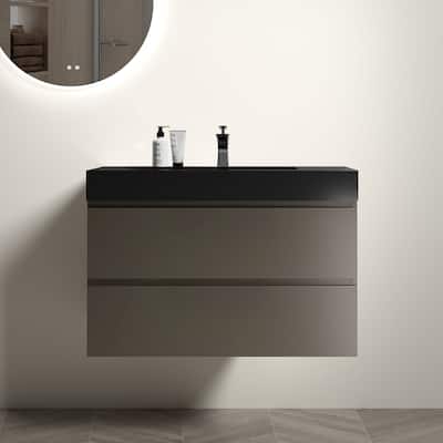 36" Large Storage Wall Mounted Floating Bathroom Vanity for Modern Bathroom, Black Sink Basin without Drain and Faucet, Grey