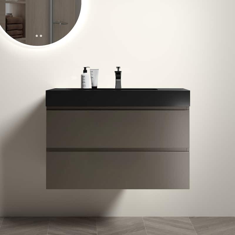 GDFStudio - Naomi Modern Floating Bathroom Vanity with Silent Drawers and Pre-Assembled One-Piece Sink - Black+ Gray - 36"