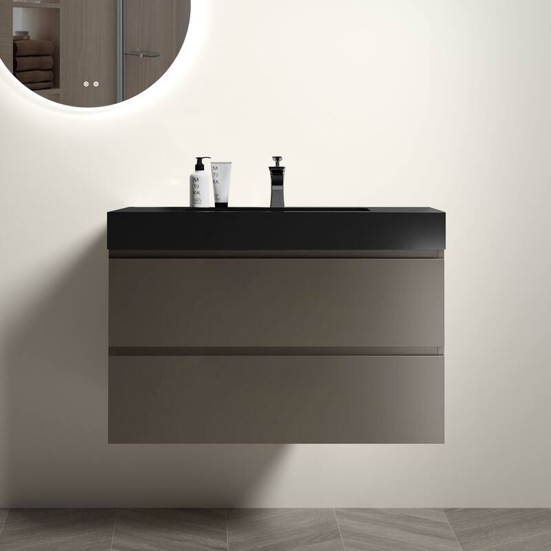Modern 30" Alice Floating Bathroom Vanity with Rosewood Finish, Handle-Free Design, Silent Soft-Closing Drawers - 35.8in L Melamine - 35.8in L Black+ Gray
