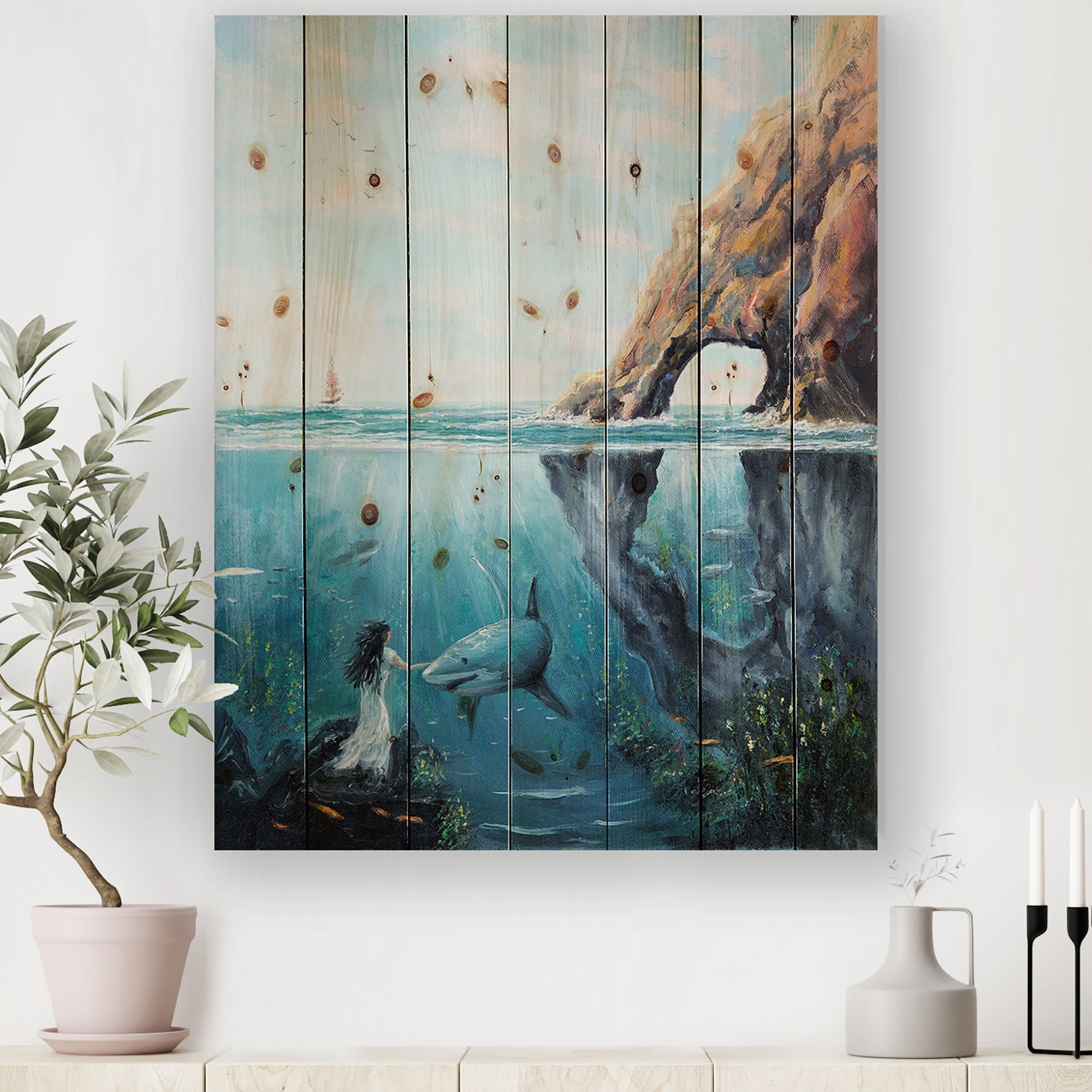 Designart 'Underwater Fairy And Shark Ocean And MountaIn World' Nautical   Coastal Print on Natural Pine Wood Bed Bath  Beyond 32610234