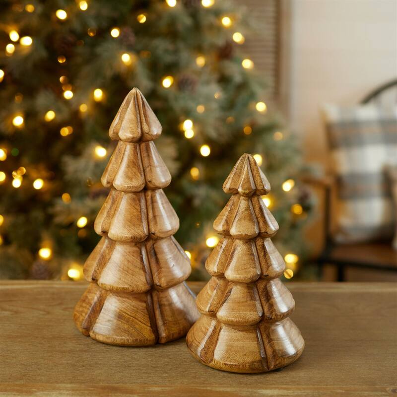 Mango Wood Pine Tree Christmas Decorations - 10.25" - Brown - Set of 2