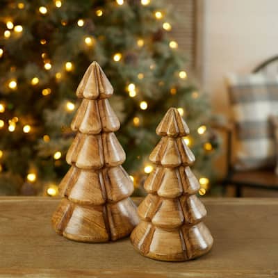 Mango Wood Pine Tree Christmas Decorations - 10.25" - Brown - Set of 2