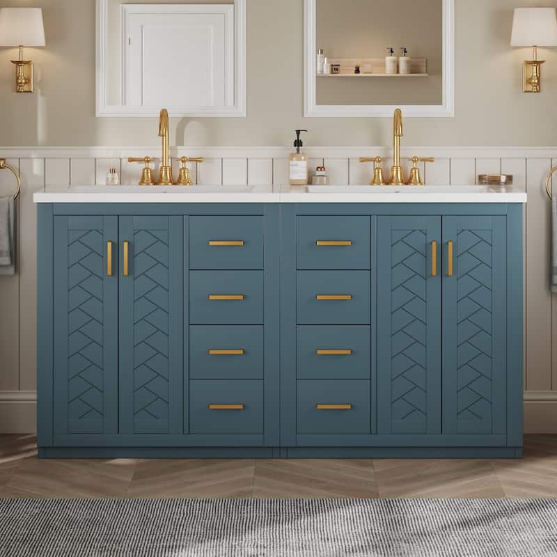 60" Bathroom Vanity Combo - Solid Wood Frame, Ceramic Sink, 3 Drawers & Soft-Close Doors - Blue