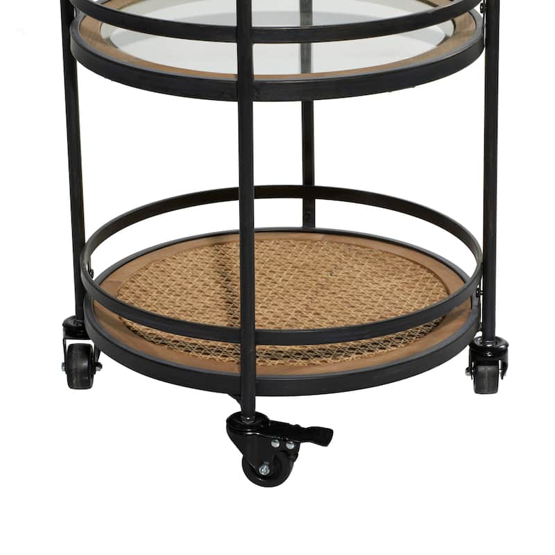 Metal Rolling 1 Rattan and 2 Glass Shelves Bar Cart with Handles - Brown - Roche River Decor - 16"Wx21"Lx35"H