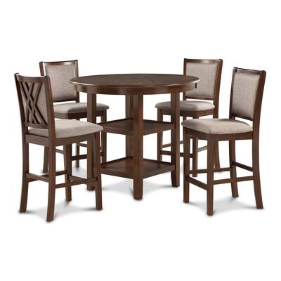 Aine 5 Piece Counter Height Table and Chair Set, Brown Wood, Gray Fabric