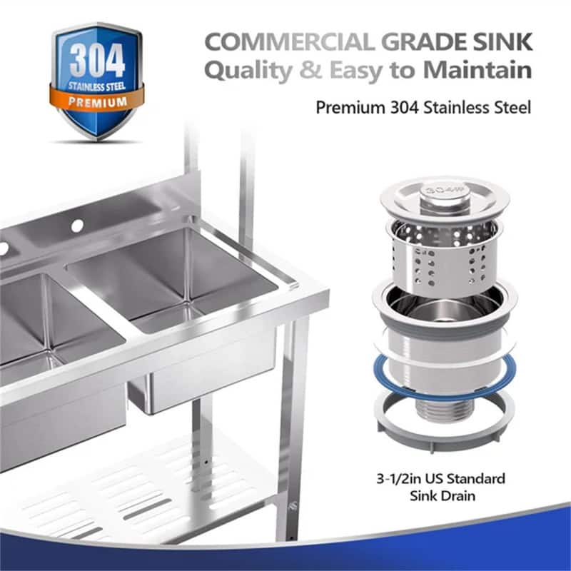 67 Inch Double Bowls Commercial Stainless Steel Sink Kitchen with Shelves - 35.8"W x 21.3"D x 68.1"H