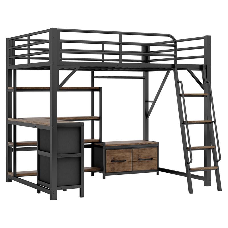 Full Size Metal Loft Bed with Desk, LED Lights, USB Charging & Storage Shelves for Kids & Teens