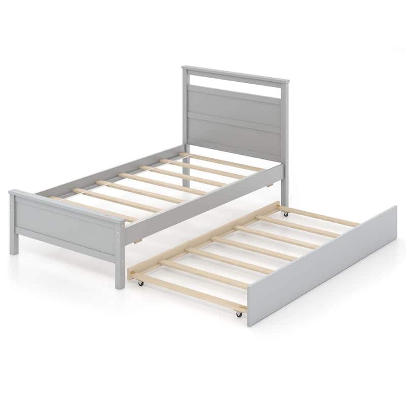 Costway Twin Size Platform Bed with Trundle Pull-out Trundle Headboard - Gray