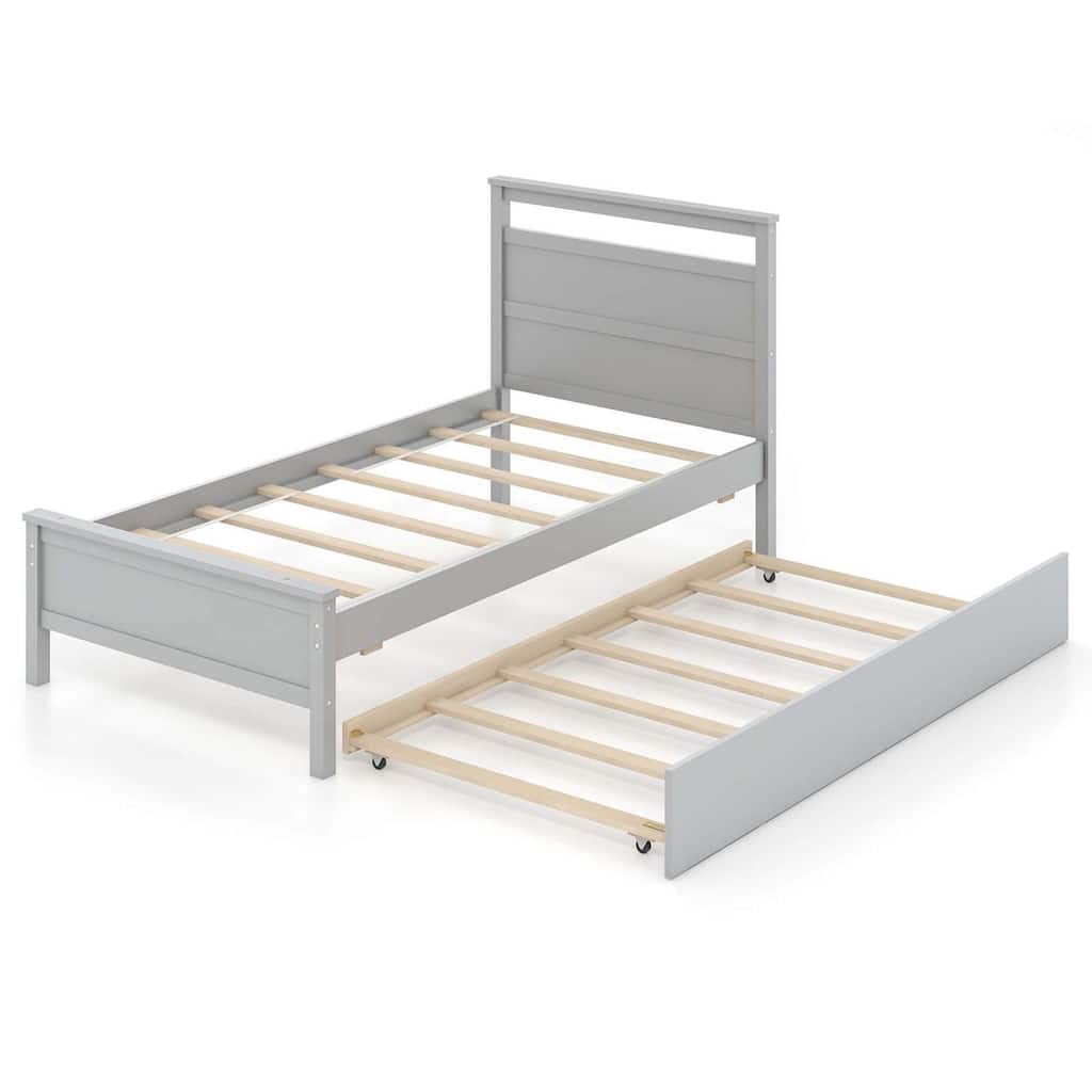 Costway Twin Size Platform Bed with Trundle Pull-out Trundle Headboard
