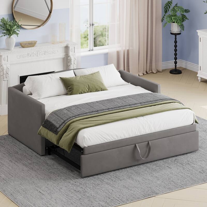Upholstered Twin Size Daybed with Extended Pop Up Trundle - Gray