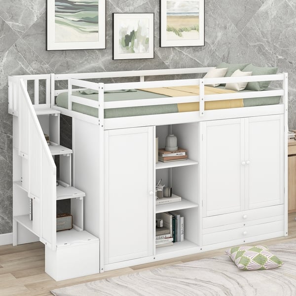 slide 2 of 18, Functional Loft Bed with 3 Shelves, 2 Wardrobes and 2 Drawers, Ladder with Storage White