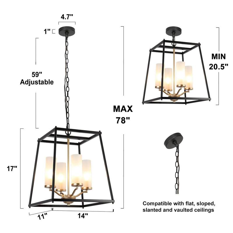 Modern 4-Light Black Gold Geometric Chandelier with Frosted Glass Shades - 14 “