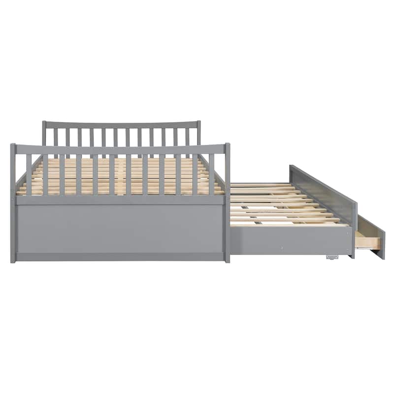 Wood Captains Bed Storage Daybed Full Size Platform Bed with Twin Size Trundle and Drawers, Built-in Smoothly Casters