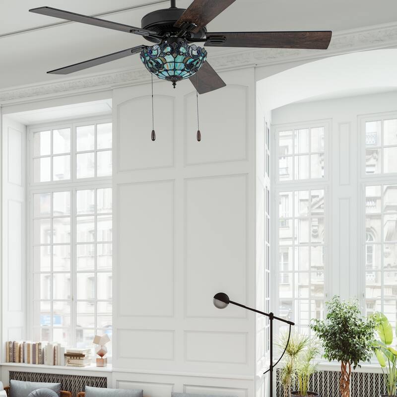 52" W Magna Carta Indoor Tiffany Stained Glass Oil Rubbed Bronze Ceiling Fan with Remote Control