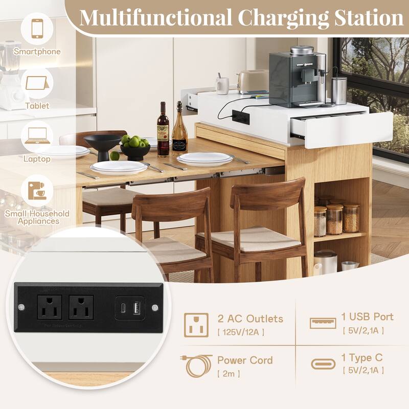 Extendable Kitchen Island Dining Table with Power Outlet, Rolling Sideboard with Folding Tabletop & Drawers