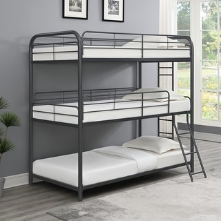 Twin over Twin Size Metal Triple Bunk Bed with Ladder & Fence