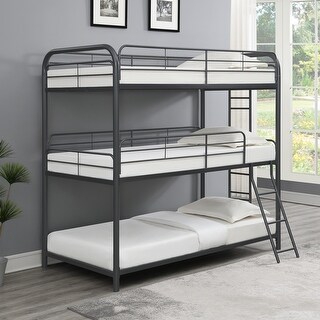 Twin over Twin Size Metal Triple Bunk Bed with Ladder and Fence for Kids' Rooms