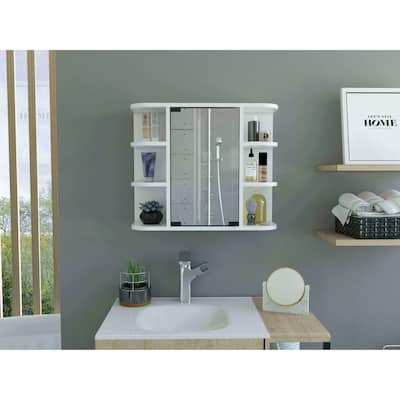 Medicine Cabinet with Six External Shelves, Mirror Panel Door, Three Internal Shelves, White Finish - Wall-Mounted