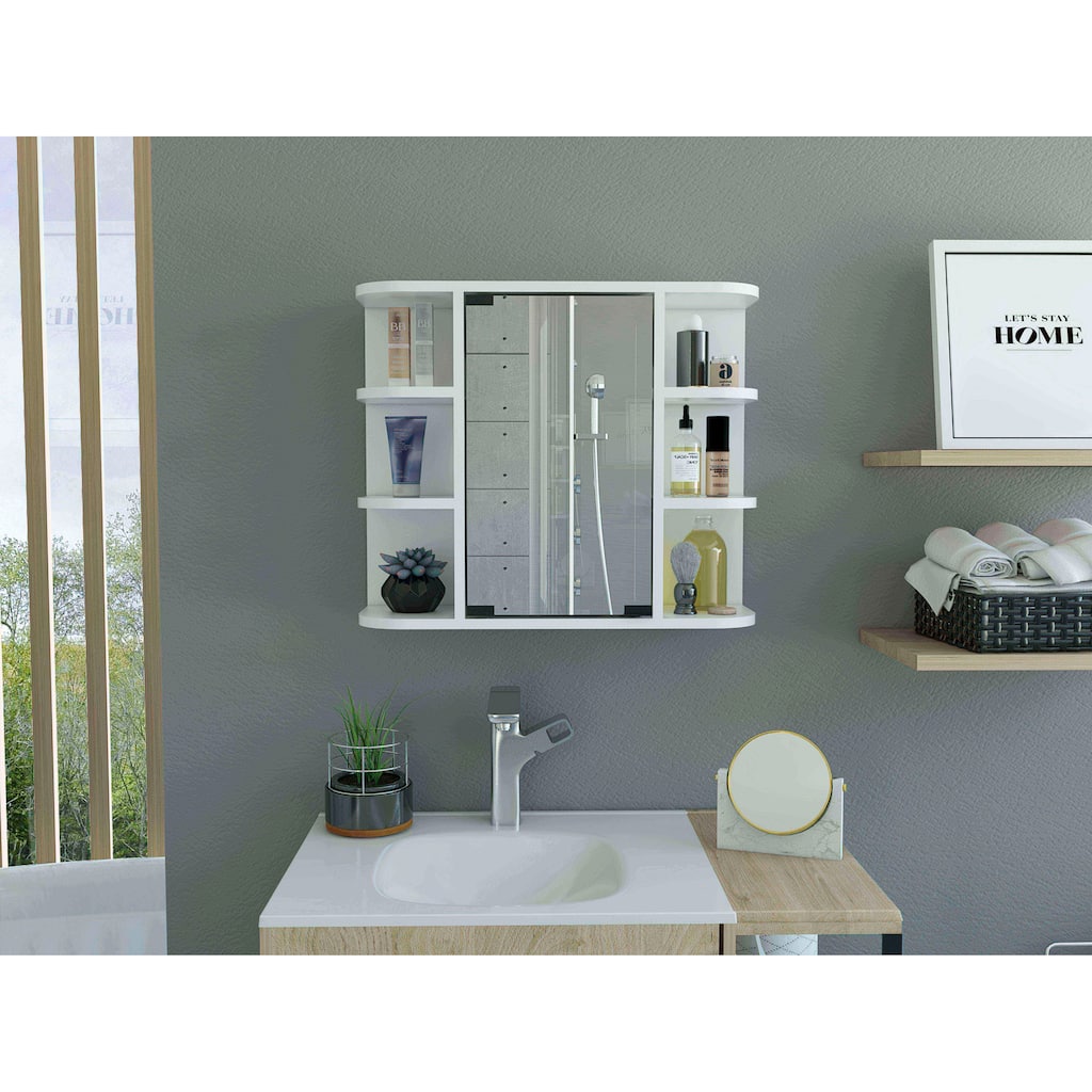Medicine Cabinet with Six External Shelves, Mirror Panel Door, Three Internal Shelves, White Finish - Wall-Mounted
