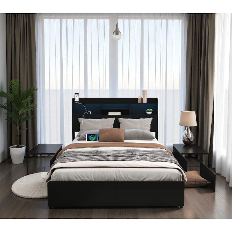 Bed Frame with 6 Storage Drawers, LED Headboard Shelf, Fast Charging Station, Heavy Duty Metal Platform No Box Spring Needed