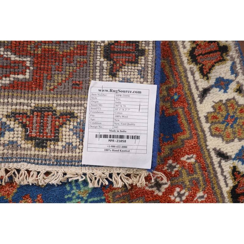 Blue Geometric Viss Indian Runner Rug Handmade Wool Carpet - 2'7"x 10'1"