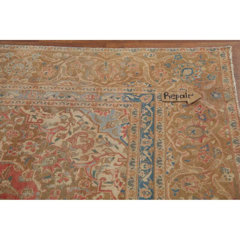 Distressed Mashad Persian Vintage Rug Hand-Knotted Floral Wool Carpet - 8'10"x 13'10"