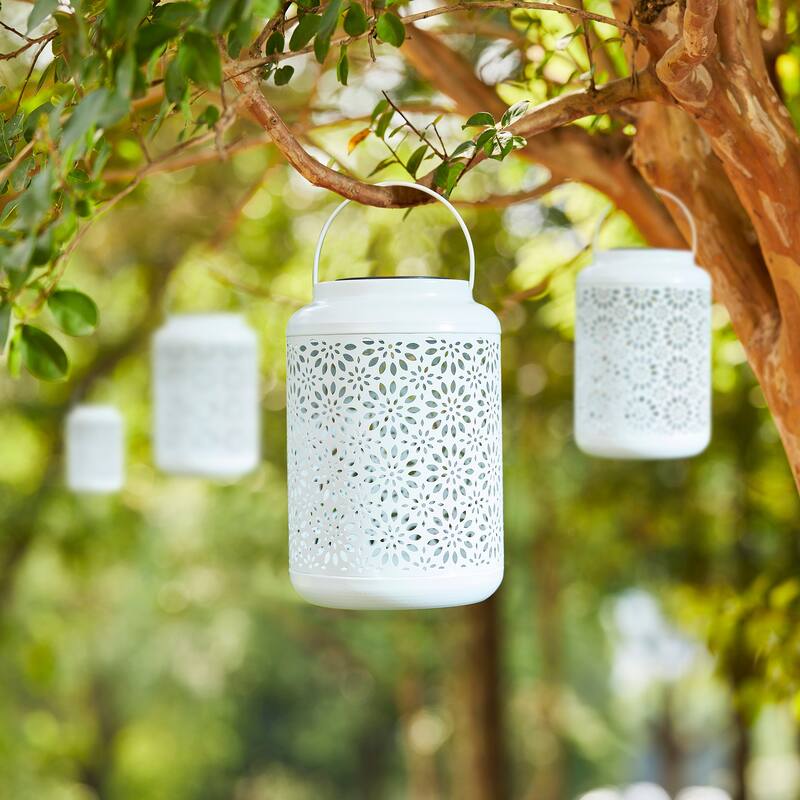 Glitzhome 8.75"H Outdoor Waterproof Metal Solar Hanging Lantern with Flower Leaves Decor - 4PCS White-Full Flower